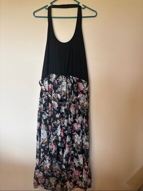 BloomChic Black Halter Maxi Dress with Pink & Cream Floral Skirt